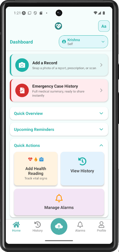Medisage app dashboard showing Add a Record and Emergency Case History