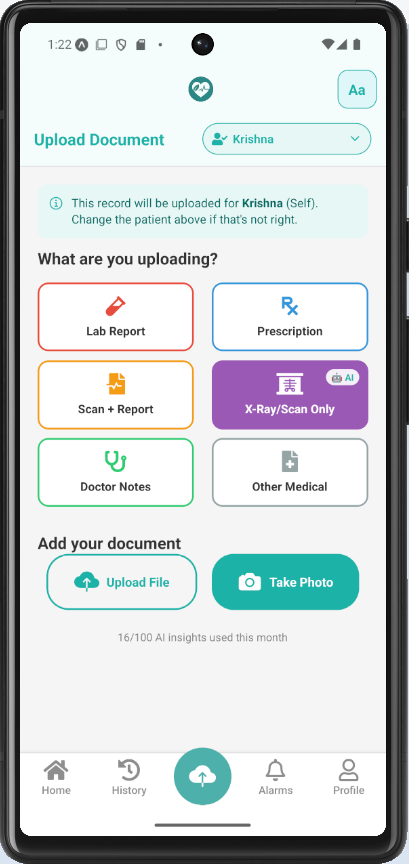 Choosing what to upload — lab report, prescription, X-ray or doctor notes